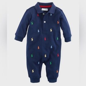 Ralph Lauren Baby Boys Polo Onesie Size 3M Navy Multi-Color Pony Embroidered